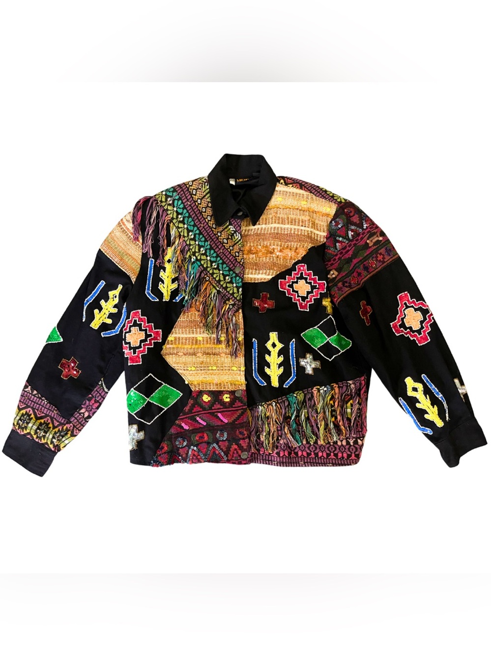 Modi Denim Vintage Southwestern Jacket Large Embroidered Fringe Patchwork Art